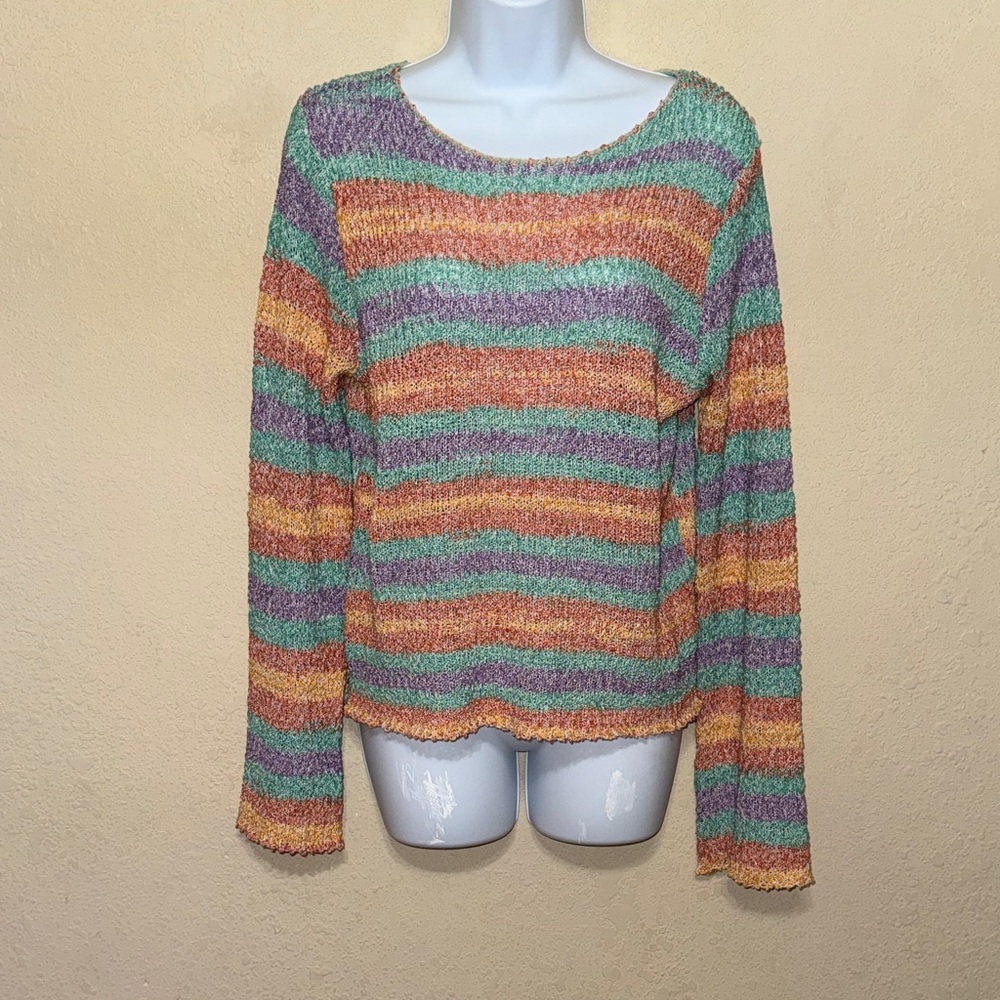 Hem & Thread Pastel Striped Scoop Neck Sweater - Mint, Lavender, Apricot